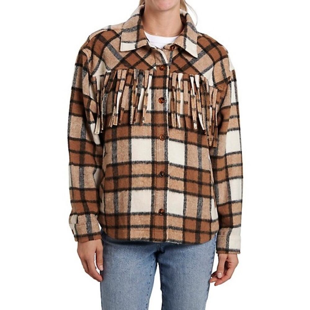 NWT Vintage Threads Brown Plaid Fringe Western Cowgirl Shacket Flannel Jacket S